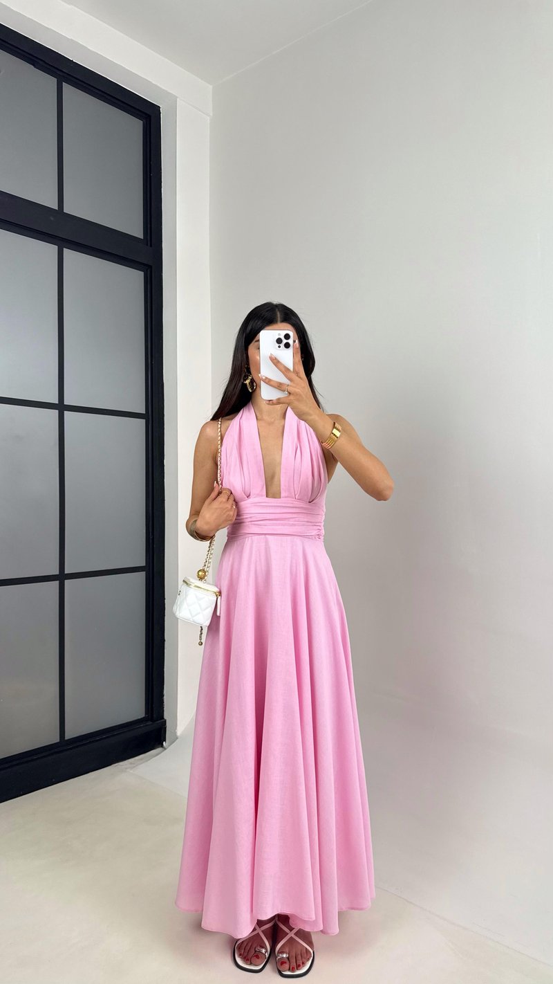 Pembe Boyundan Bağlamalı Astarlı Keten Elbise Gaus00627