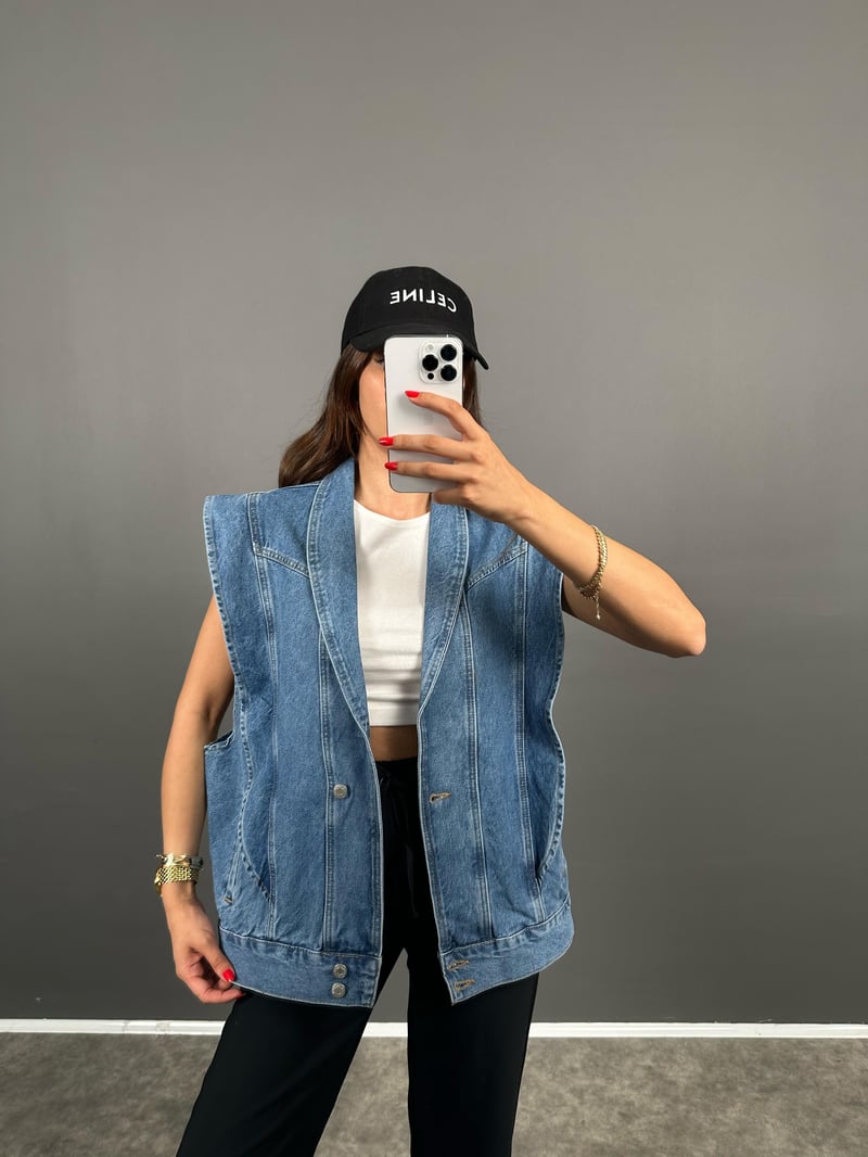 Move Mavi Denim Kol Detaylı Düğmeli Tasarım Kot Yelek 