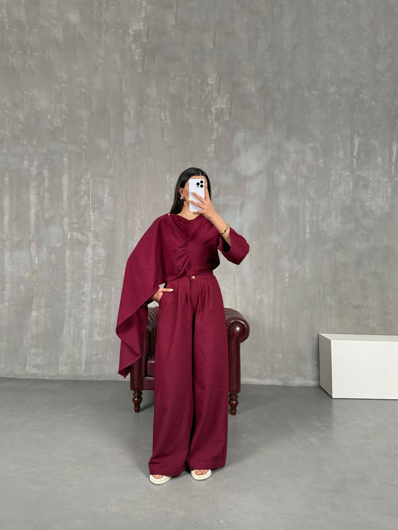 Bordo Şal Detaylı Keten Takım Gaus00142