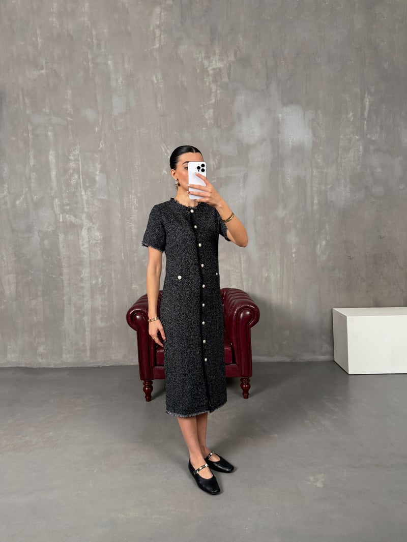 Majo Black Lined Textured Midi Dress with Button Detail