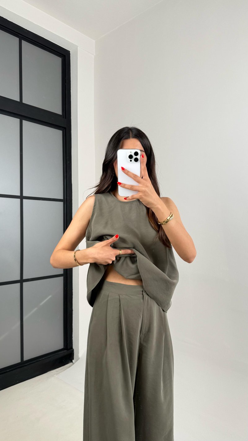Haki Gold Detaylı Bluz Balon Pantolon İkili Tencel Takım Gaus00510