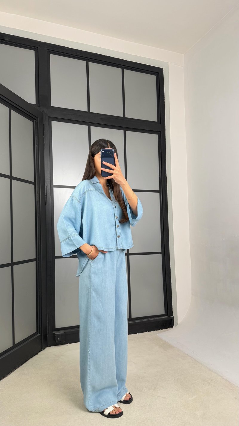 Mavi Yarasa Kol Gömlek Beli Lastikli Pantolon Tencel Takım GAUS-01444