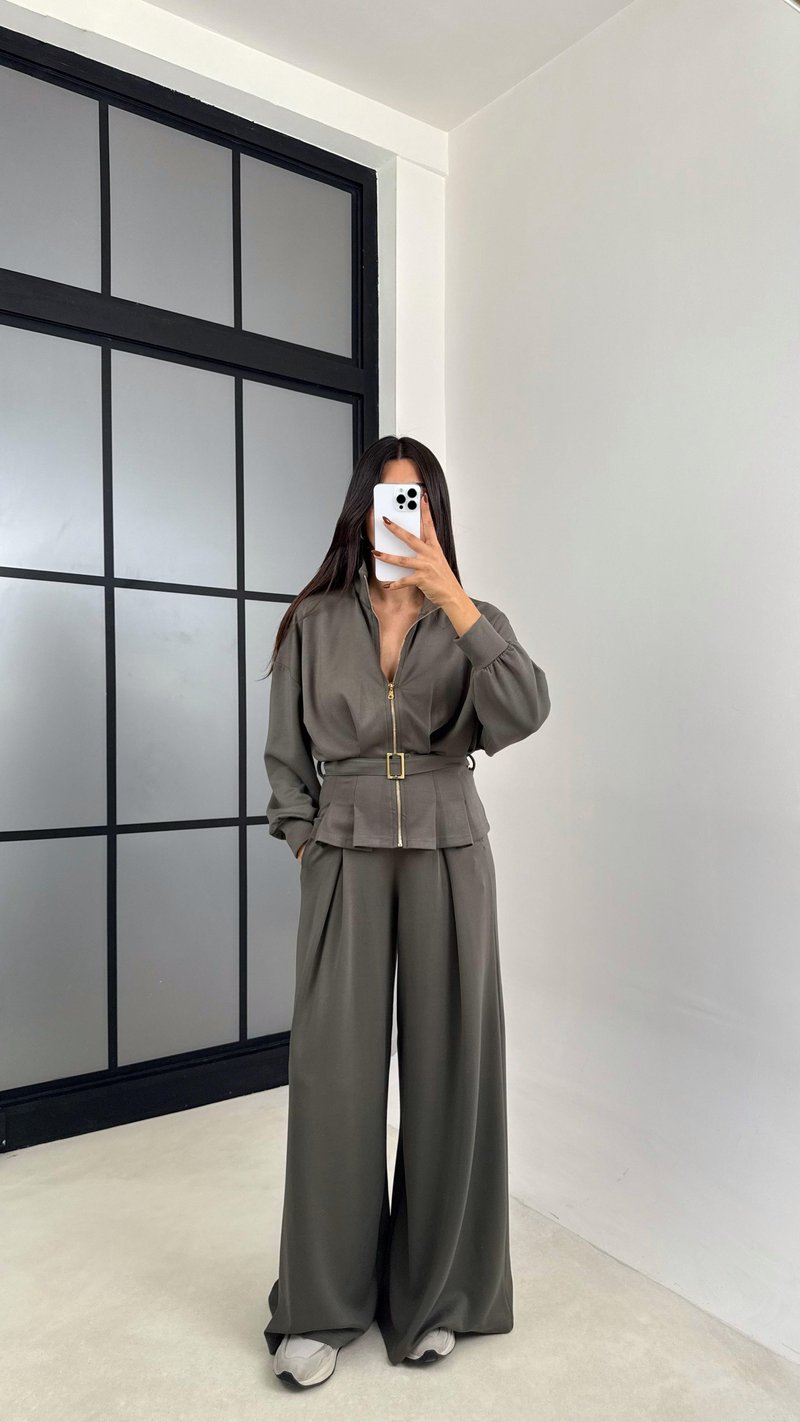 Haki Kemer Detaylı Hırka Beli Lastikli Geniş Paça Pantolon Modal Takım GAUS-00188
