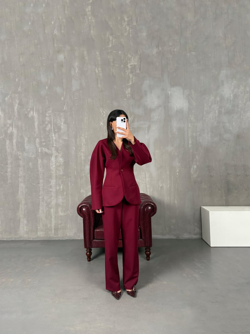 Roni Bordo Belden Oturtmalı Ceket Pantolon Premium Takım
