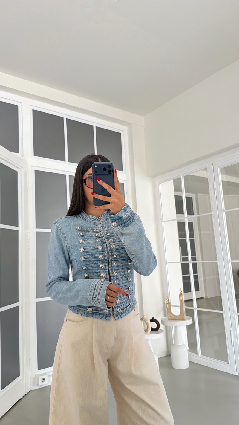 Mavi Apoletli Düğme Detaylı Denim Tasarım Ceket GAUS-01877