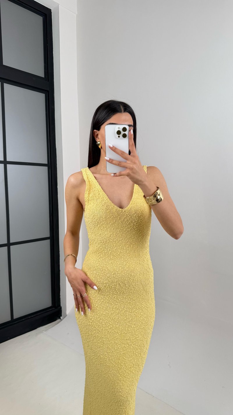 Sarı V Yaka Askılı Triko Elbise Gaus00412