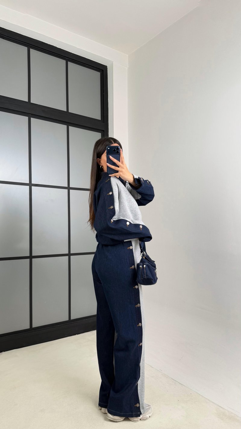 Gri Denim Detaylı Şardonlu Sweatshirt Eşofman Takım GAUS-00839