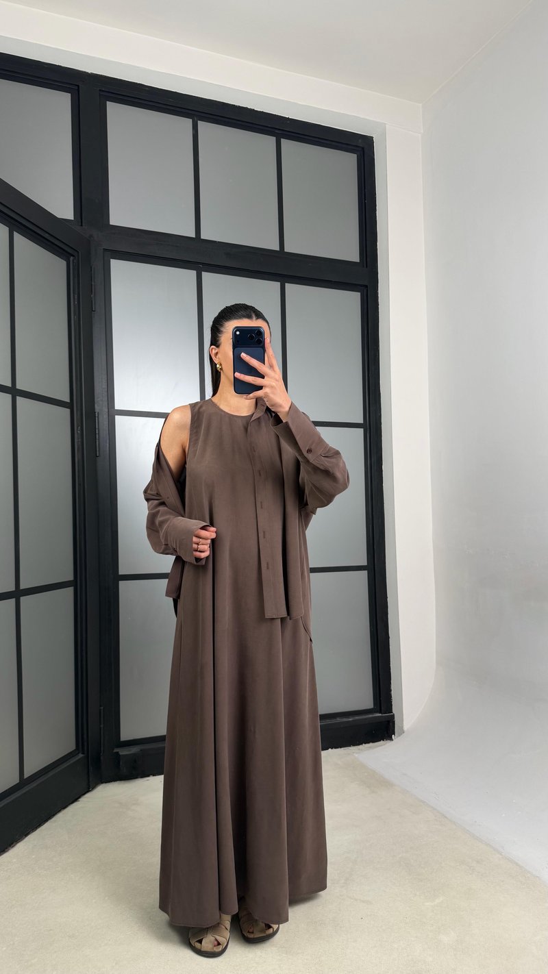 Kahve Gömlek Elbise Oversize İkili Tencel Takım GAUS-01423