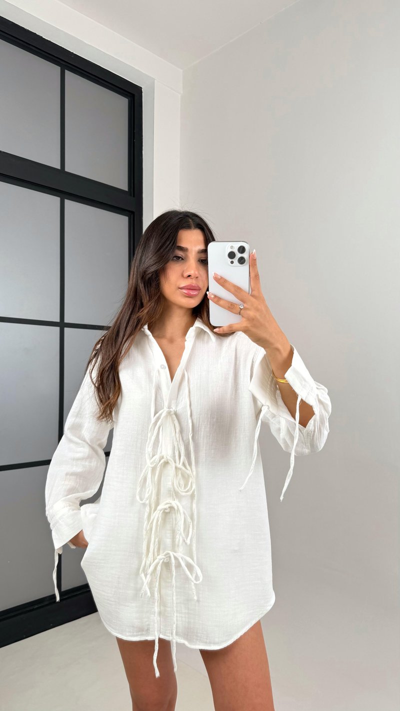 Beyaz Önden Bağlamalı Müslin Gömlek Gaus00564