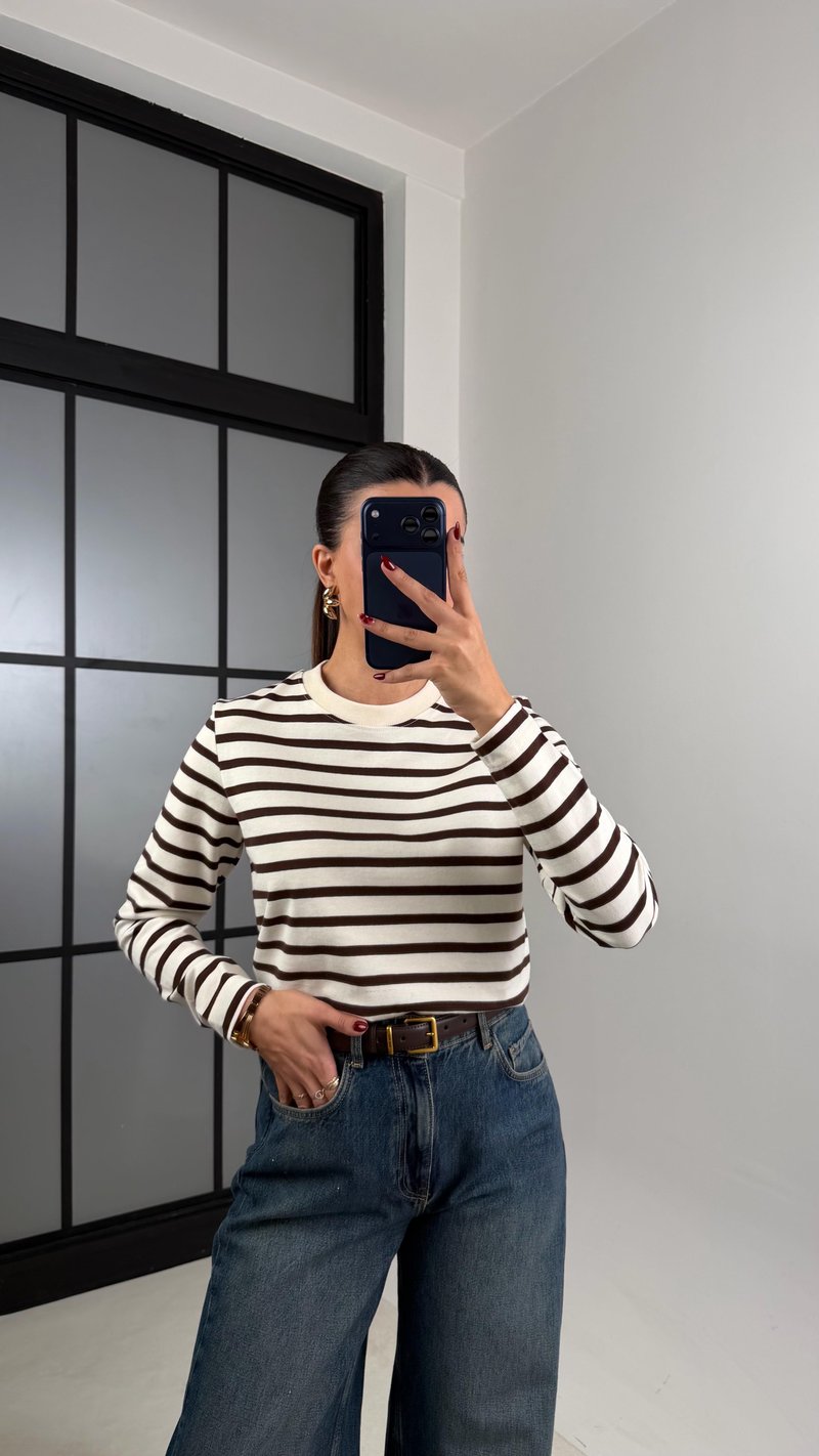 Kahve Beyaz Çizgili Basic Md Muadil Bluz GAUS-00640