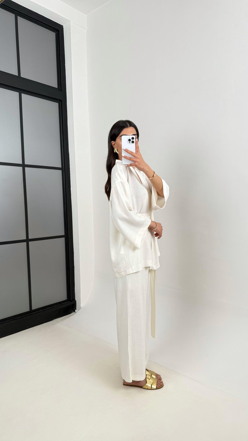 Ekru Kuşaklı Kimono Beli Lastikli Cepli Pantolon Keten Takım Gaus00397