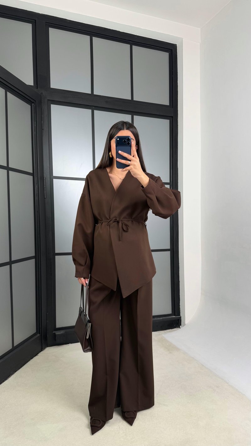 Kahve Belden Kuşaklı Ceket Beli Lastikli Pantolon İkili Takım GAUS-01206