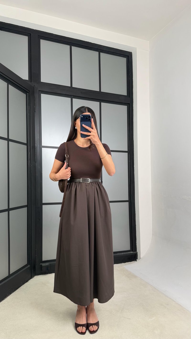 Acı Kahve Kısa Kol Beli Lastikli Kemerli Elbise GAUS-01246