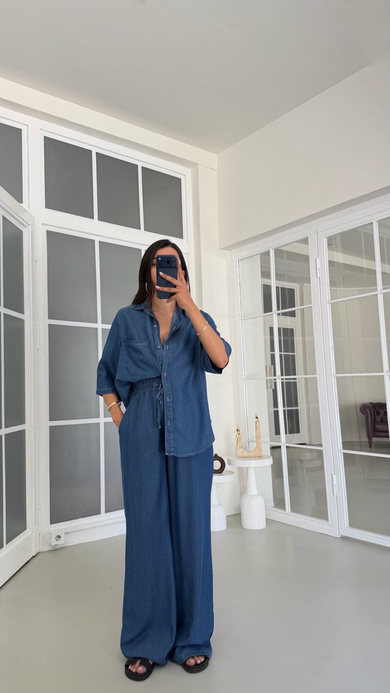 Koyu Mavi Gömlek Beli Lastikli Pantolon İkili Tencel Denim Takım GAUS-01791