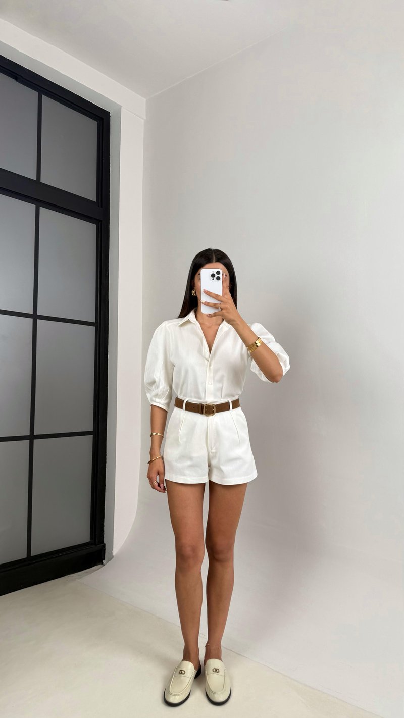 Beyaz Balon Kol Gömlek Şortlu Premium Gabardin Takım Gaus00675