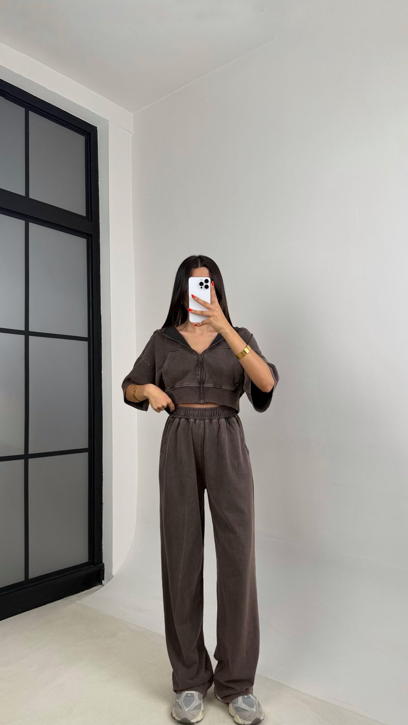 Kahve Yıkama Desenli Kapüşonlu Crop Hırka Beli Lastikli Pantolon İkili Premium Takım GAUS-0063