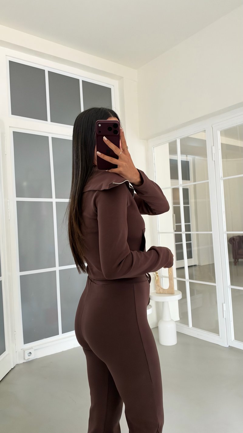 Kahve Geniş Yakalı Crop Hırka Beli Lastikli Eşofman İkili Basic Takım GAUS-02156