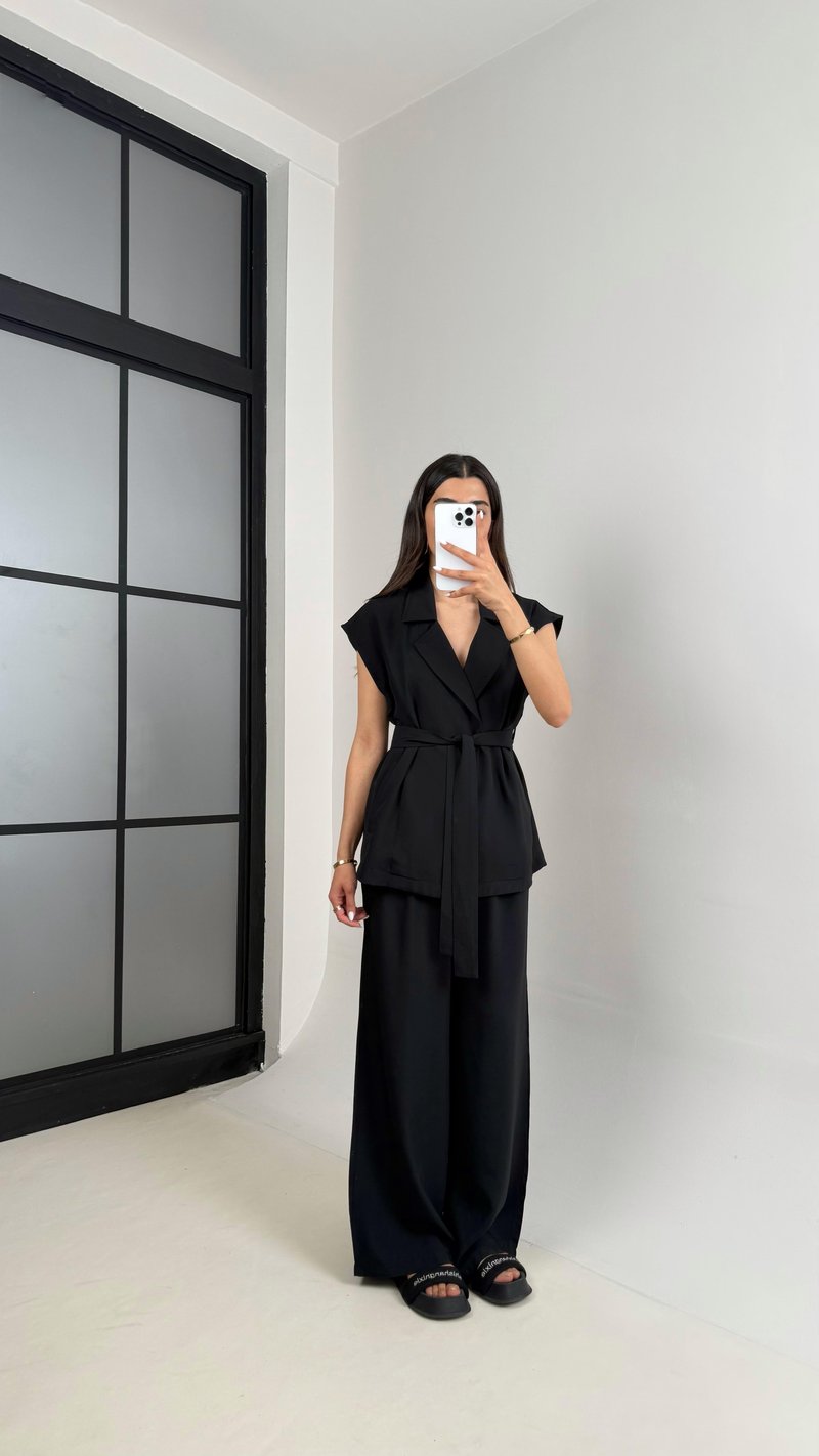 Siyah Cepli Kuşaklı Yelek Beli Lastikli Pantolon Tencel Takım Gaus00433