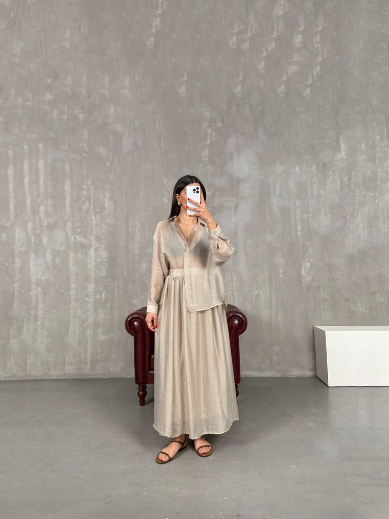 Gem Shirt Lined Elastic Waist Skirt Crinkle Sensual Set Gaus00158