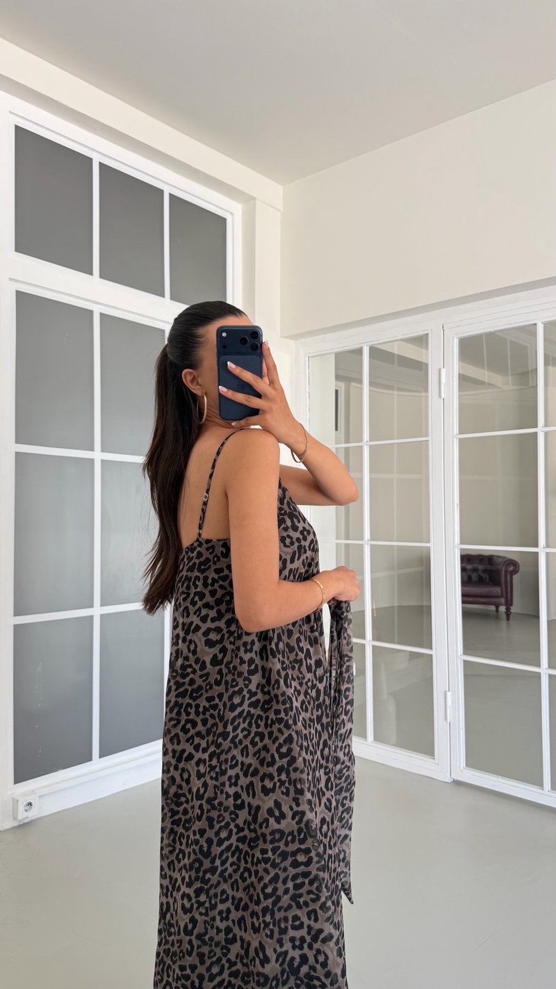 Leopar Fularlı Ayarlanabilir Askılı Astarlı Elbise GAUS-01682