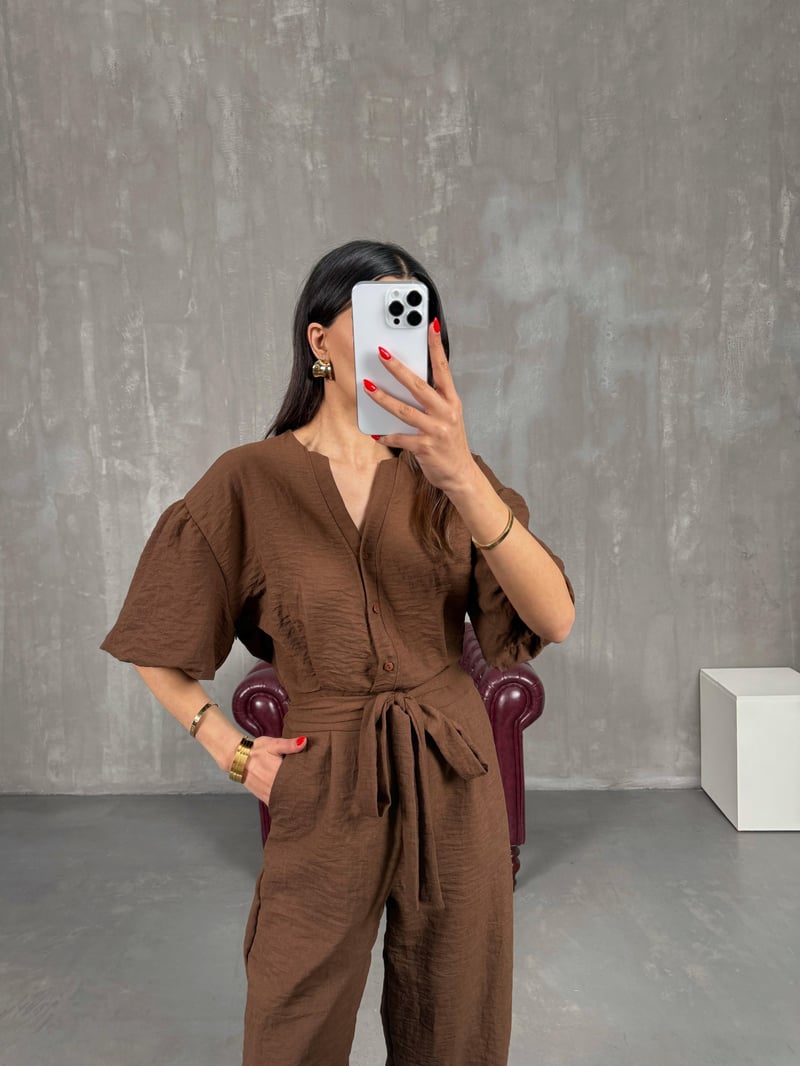 Brown Belted V-Neck Linen Short Balloon Sleeve Jumpsuit Gaus00179