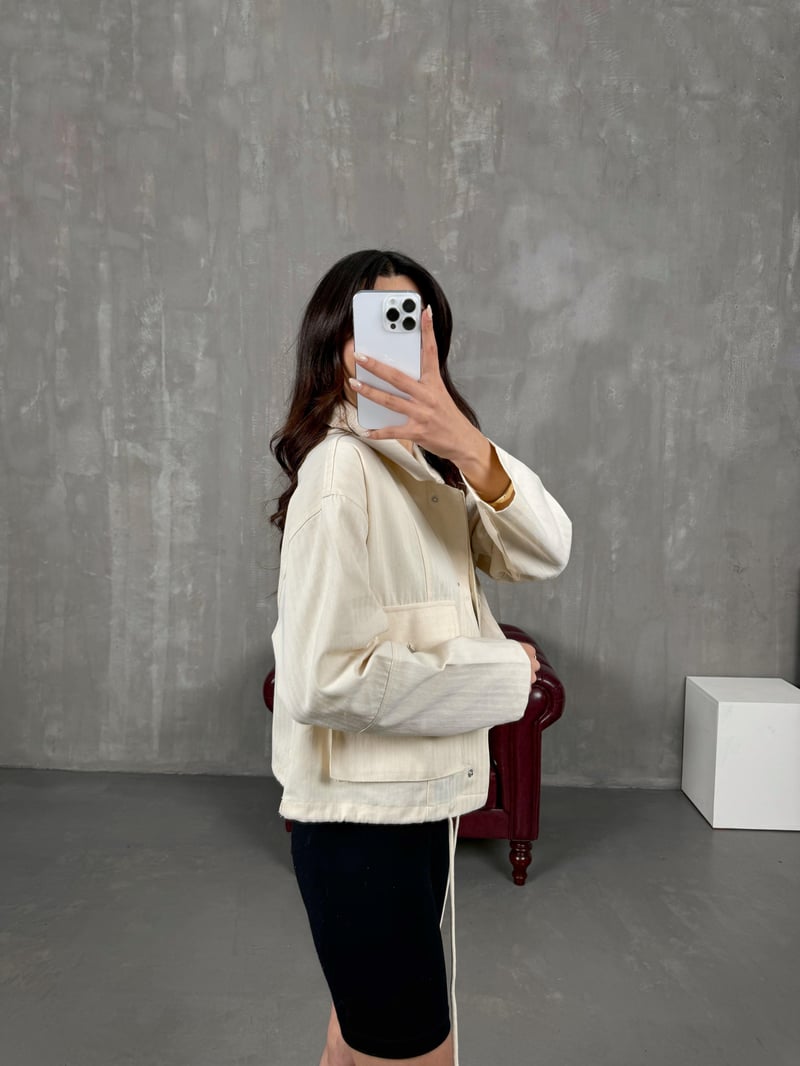 Ekru Çıtçıt Düğmeli Gabardin Ceket