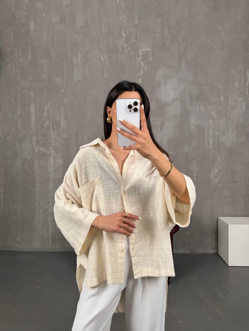 Krem Kısa Kollu Keten Oversize Gömlek Gaus00065