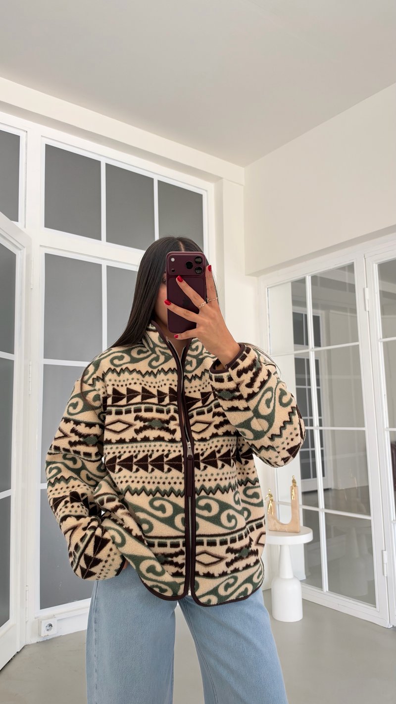 Yeşil Vintage Desenli Fermuarlı Polar Sweatshirt GAUS-01916 GAUS-02224