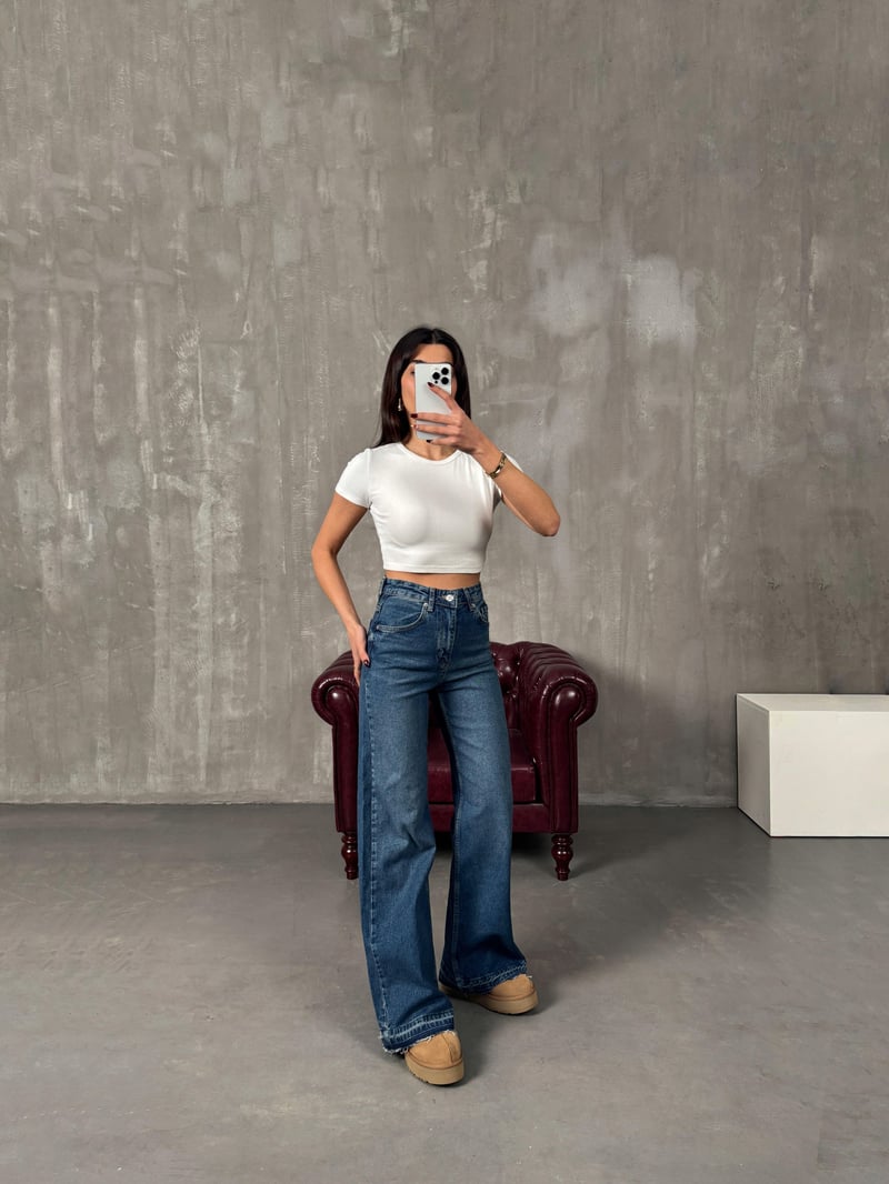 Chest Orta Mavi Paça Detaylı Wide Leg Jean