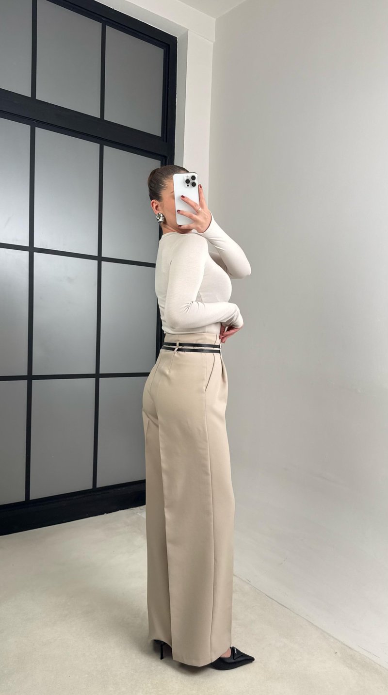 Taş Çift Kemerli Pileli Kumaş Pantolon GAUS-00896
