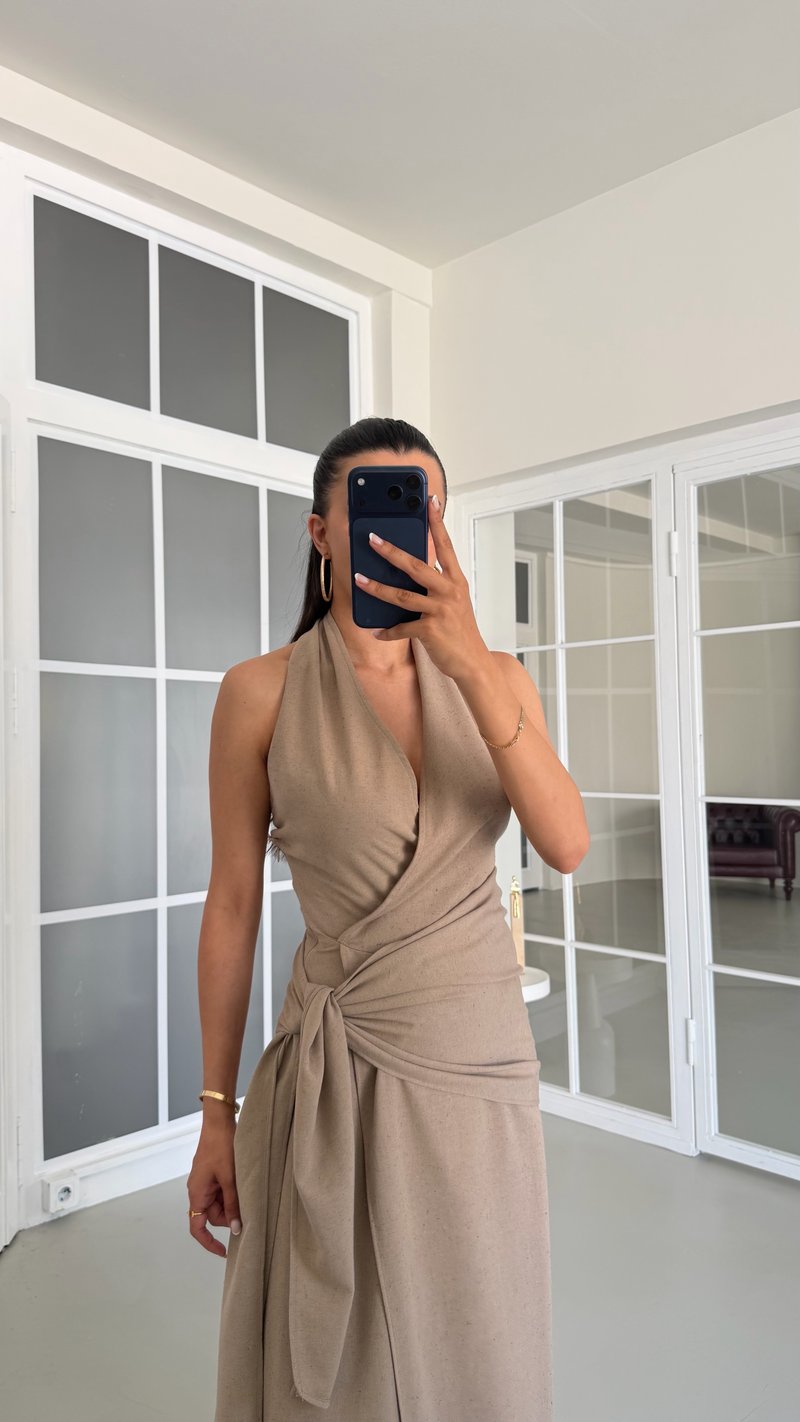 Vizon Halter Yaka Bağlama Detaylı Premium Keten Elbise GAUS-01672