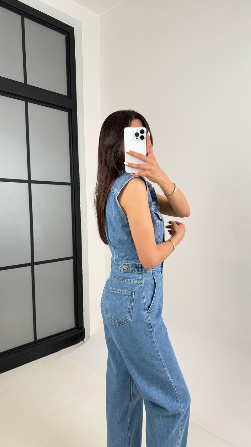 Mavi Sıfır Kol Önü Düğmeli ZR Muadil Denim Tulum Gaus00438