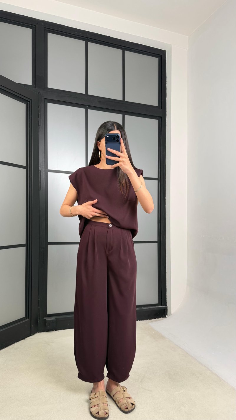 Mürdüm Vatkalı Bluz Beli Lastikli Pantolon Krep Kumaş Takım GAUS-01485