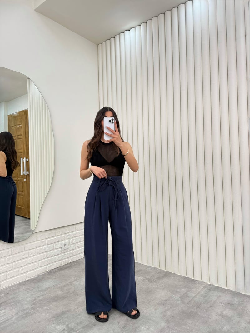 Lacivert Çift Kuşaklı Tensel Kırışık Kumaş Palazzo Pantolon Gaus00302