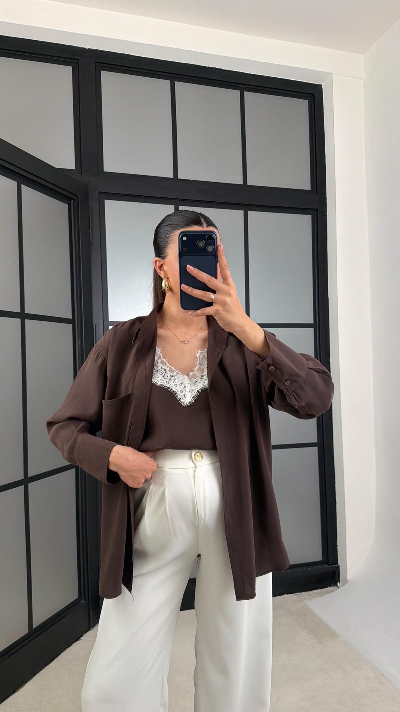Acı Kahve Dantel Detaylı Birleşik Atlet Gömlek İkili Tencel Takım GAUS-01181