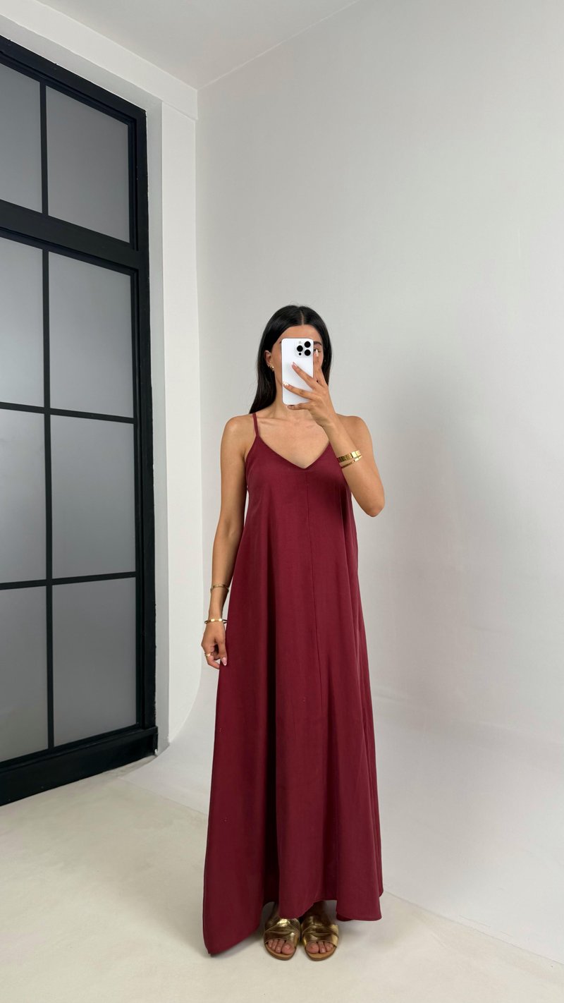 Bordo Ayarlanabilir Askılı Astarlı Tencel Elbise Gaus00690
