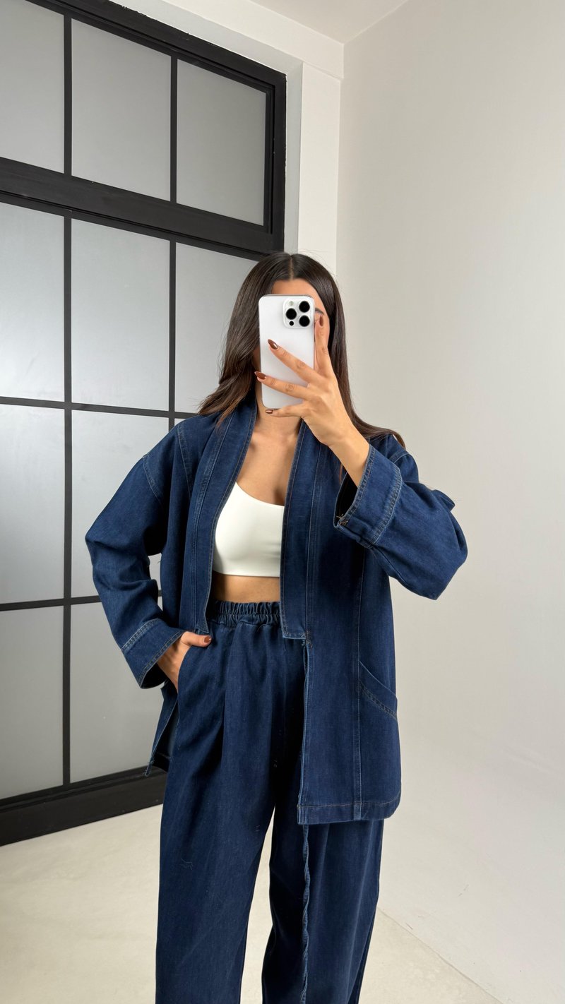 Lacivert Yandan Bağlama Detaylı Cepli Ceket Pantolon İkili Denim Takım GAUS-00446