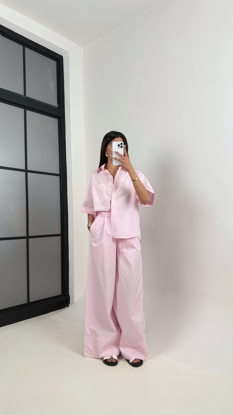 Pembe Yarım Kol Cepli Gömlek Beli Lastikli Pantolon Yarım Astarlı Pamuk Karışımlı Takım Gaus00356  