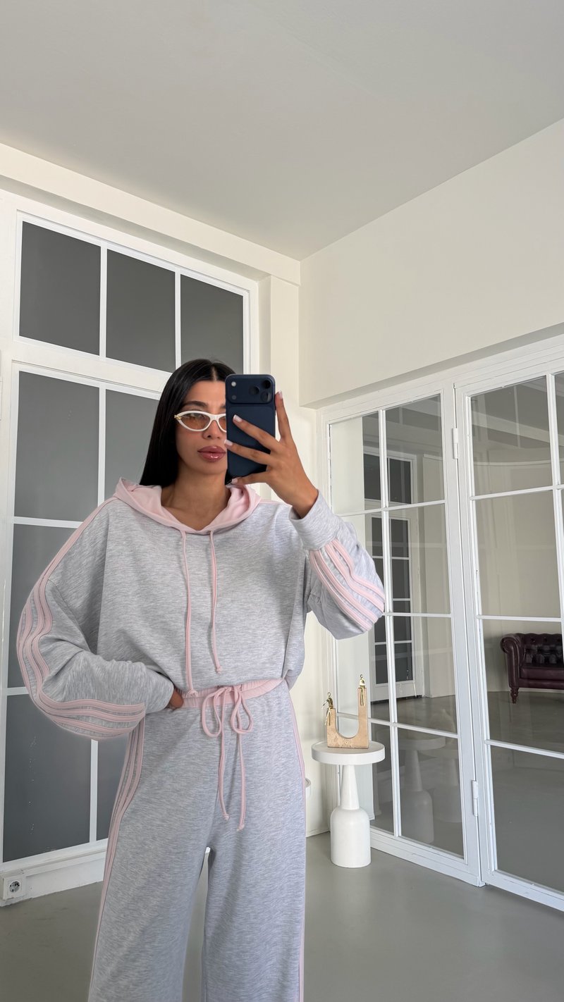 Pembe Kapüşonlu Sweatshirt Beli Lastikli Eşofman Şerit Detaylı Takım GAUS-01995
