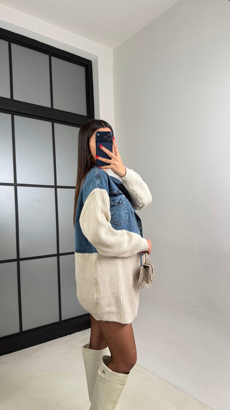 Taş Denim Detaylı Triko Hırka GAUS-01002