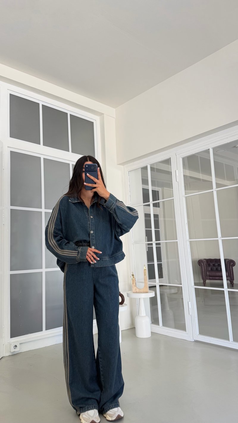 Gri Şerit Detaylı Ceket Beli Lastikli Pantolon İkili Denim Takım GAUS-02094