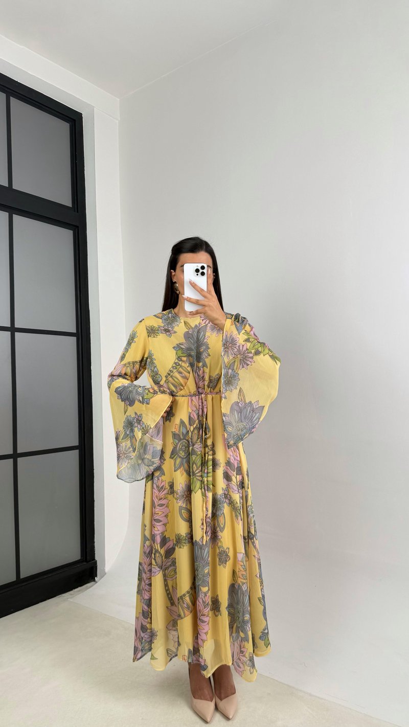Sarı Çiçek Desenli Kuşaklı Kolu Volanlı Astarlı Şifon Elbise GAUS-00105