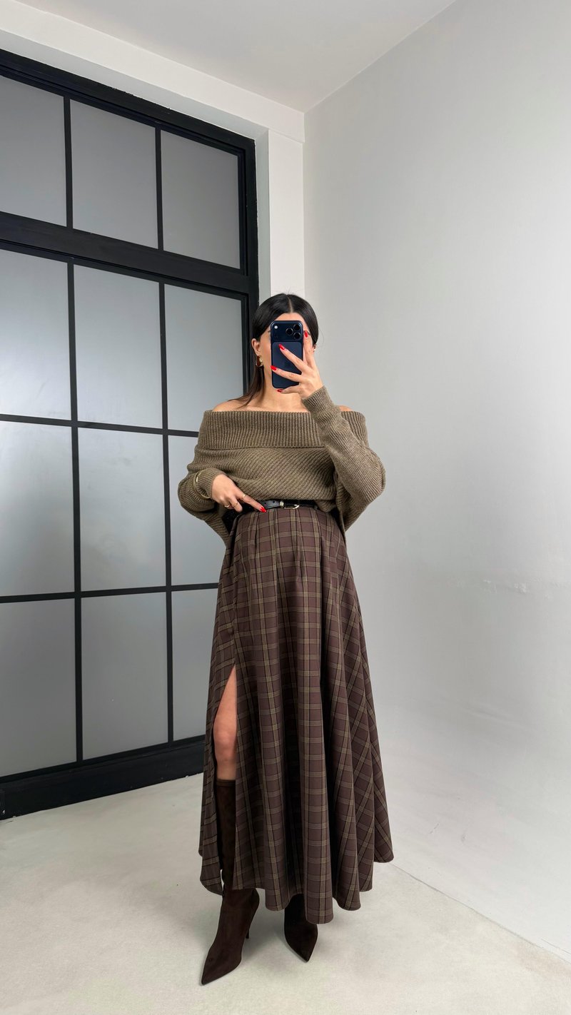 Yeşil Kahve Yırtmaçlı Kemerli Ekose Desenli Etek GAUS-01065