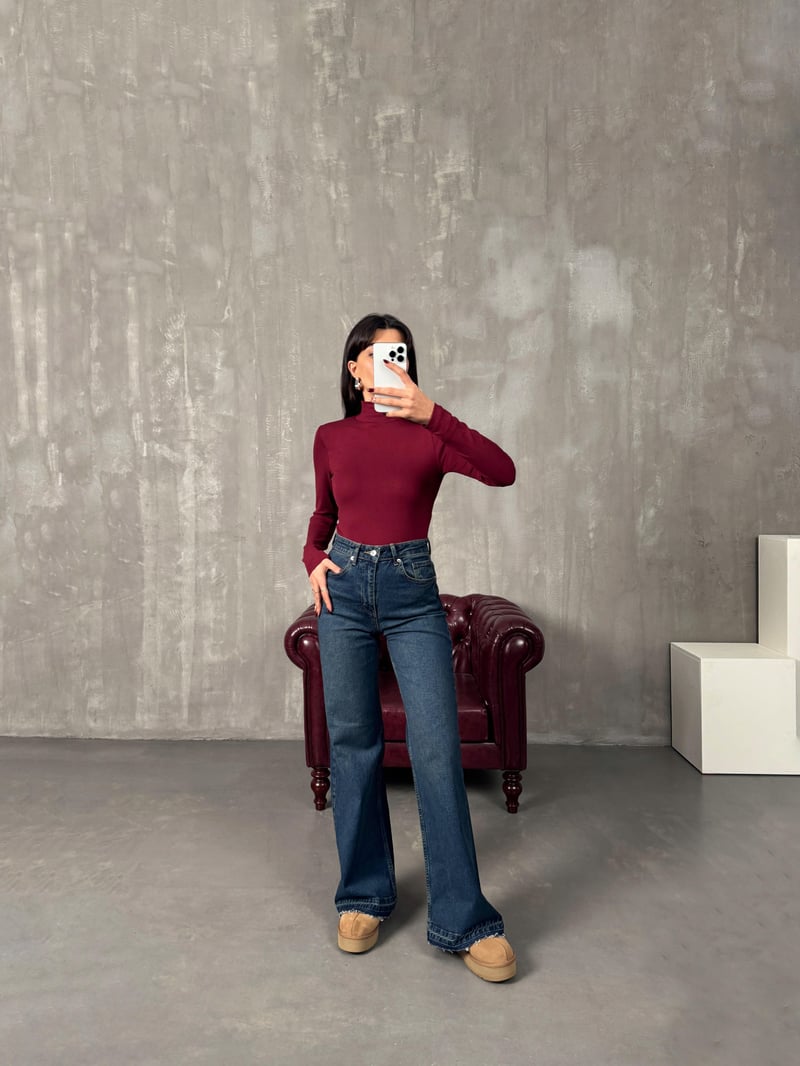 Chest Koyu Mavi Paça Detaylı Wide Leg Jean