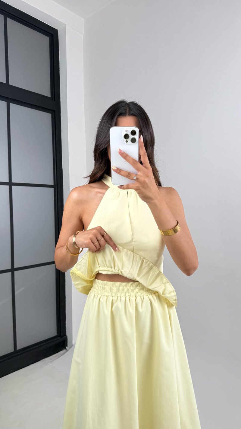 Sarı Gold Toka Detaylı Bluz Beli Lastikli Etek İkili Takım Gaus00678