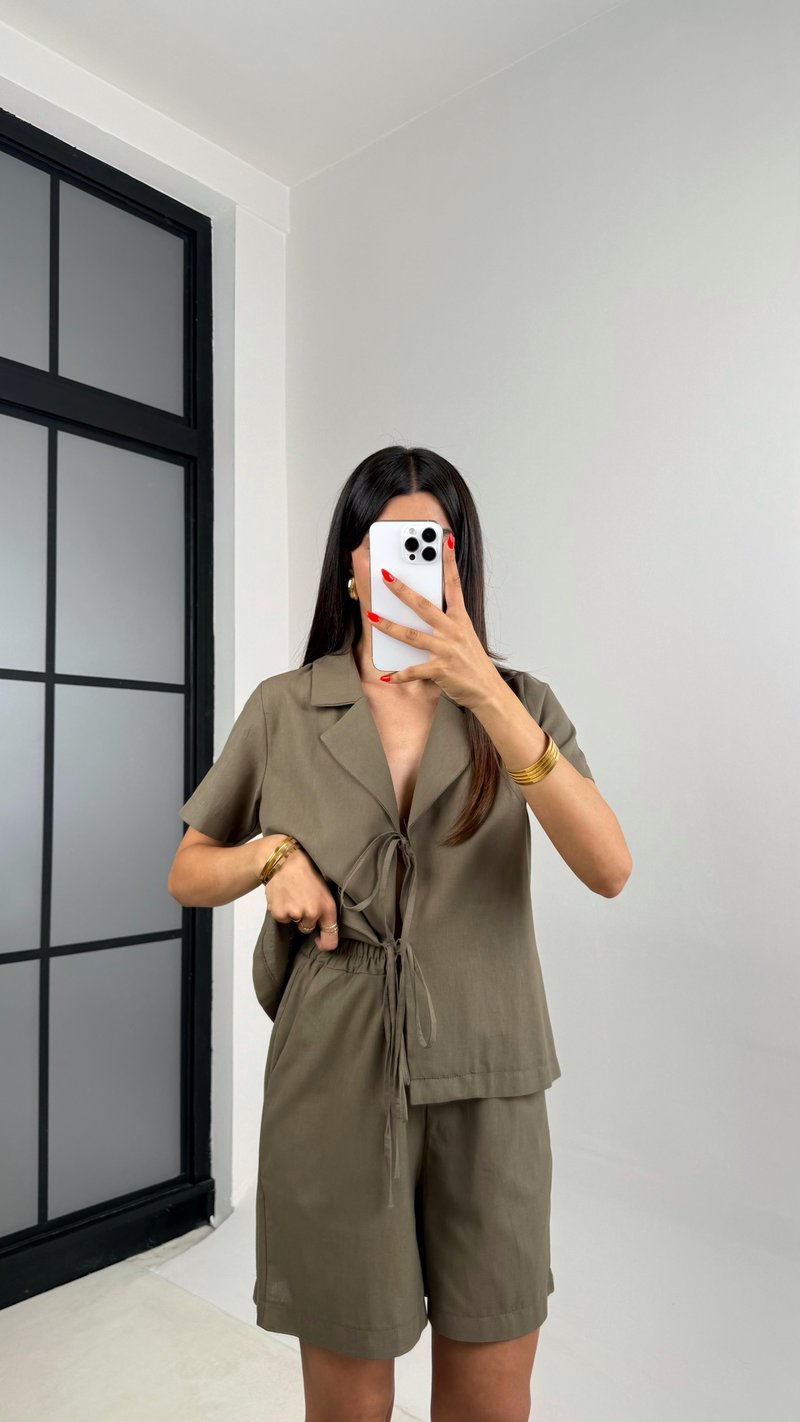 Haki Önden Bağlamalı Gömlek Beli Lastikli Şort İkili Keten Takım GAUS-0028