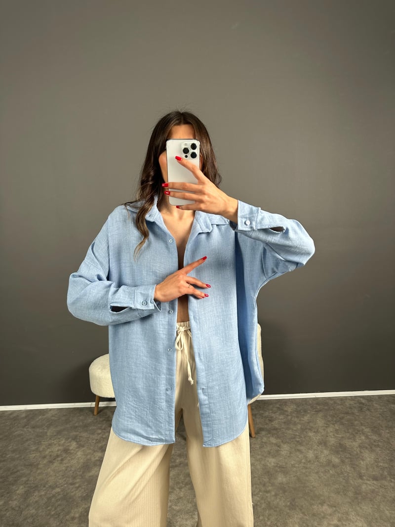 Daria Bebe Mavisi Keten Oversize Gömlek