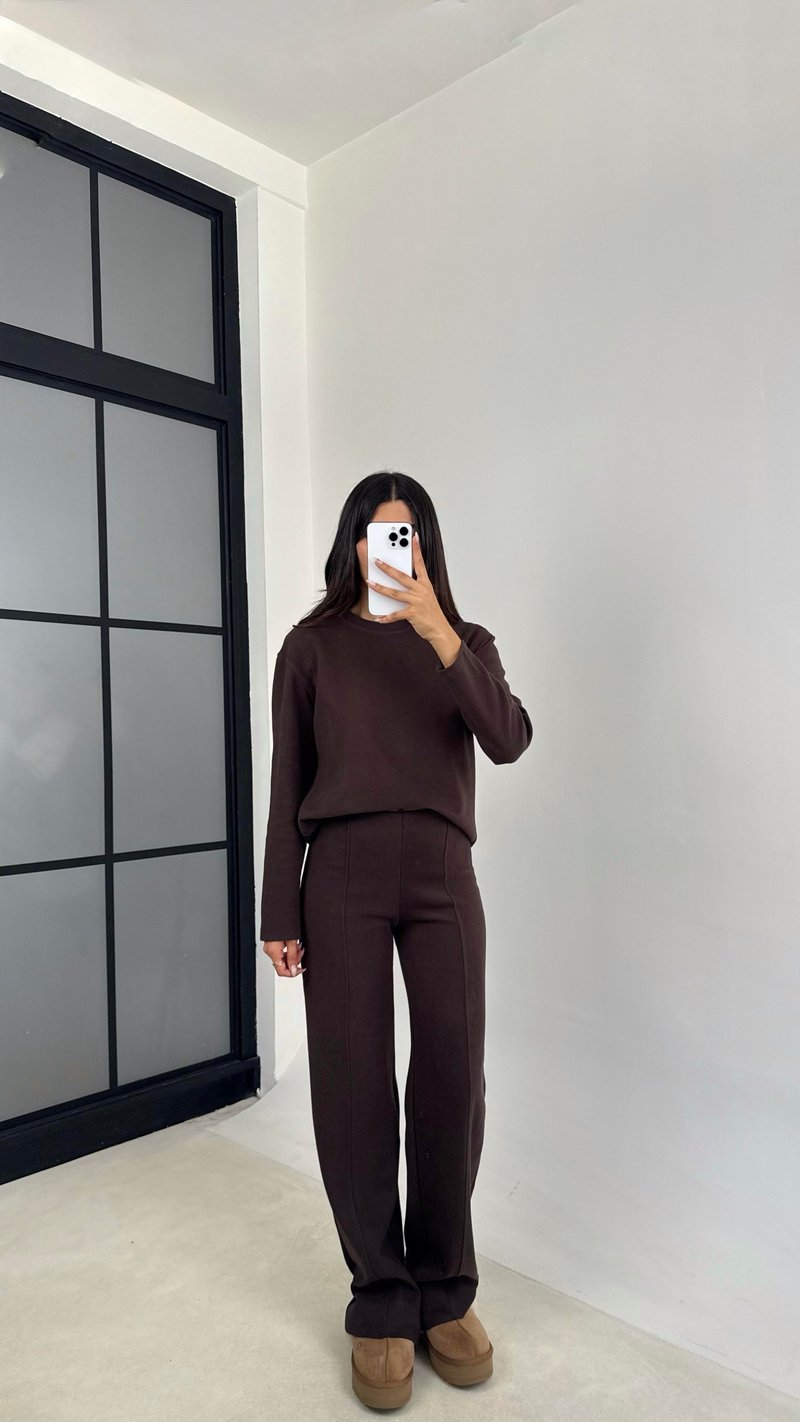 Acı Kahve Bisiklet Yaka Üst Beli Lastikli Pantolon Basic Yumuşak Triko Takım GAUS-00109