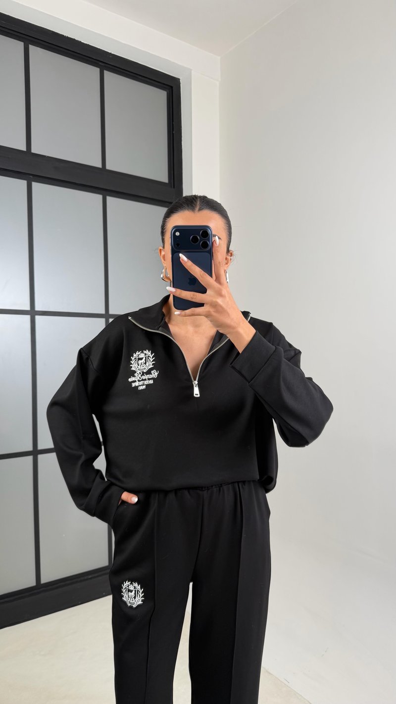 Siyah Fermuarlı Baskılı Sweatshirt Beli Lastikli Eşofman İkili Takım GAUS-00597