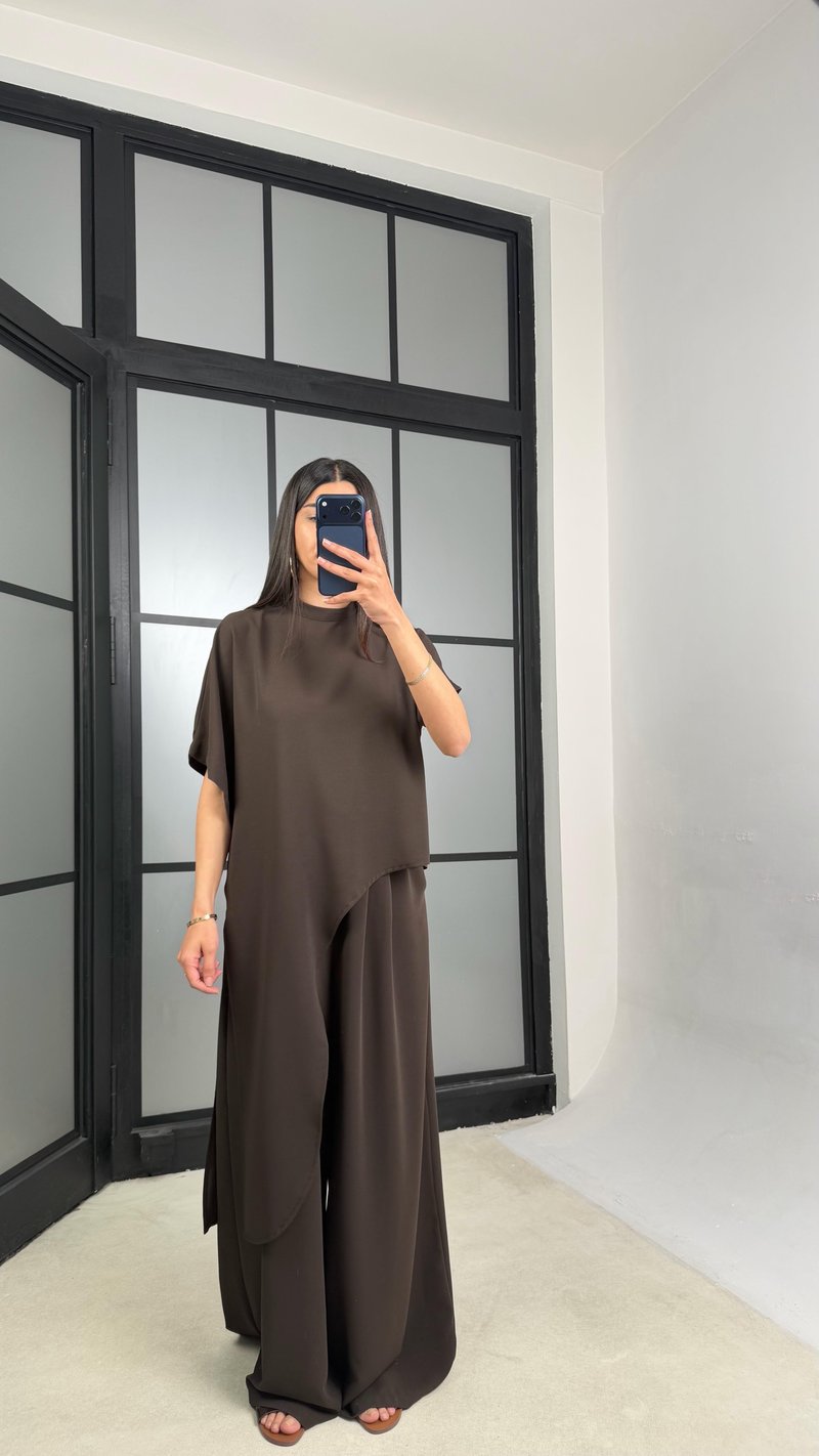 Acı Kahve Asimetrik Bluz Beli Lastikli Pantolon İkili Tasarım Takım GAUS-01490
